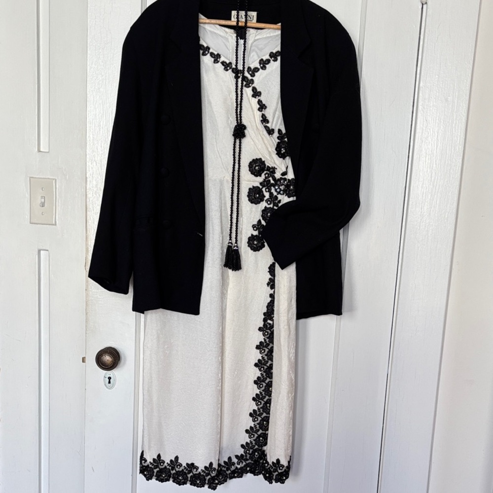 Vintage, handmade white velvet dress with pearl and black flowers